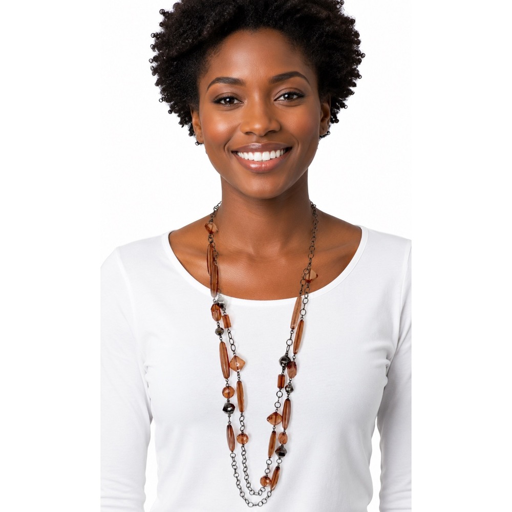 New York & Co Amber Beaded Double Strand Necklace Gunmetal Chain Boho 103-225โ